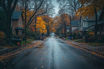 Wet asphalt street lined with houses and trees in autumn