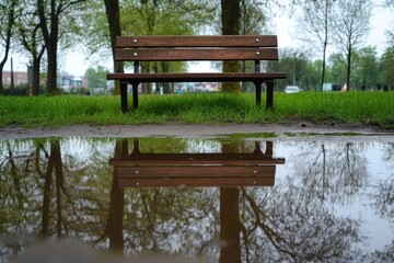 A Wooden Bench Reflected in a Puddle in a Park