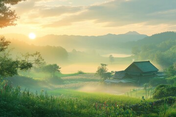 A Rural Farmhouse Bathed in Morning Mist and Golden Sunlight