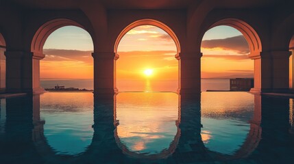 Serene sunset view through arches over a tranquil pool reflecting vibrant colors.