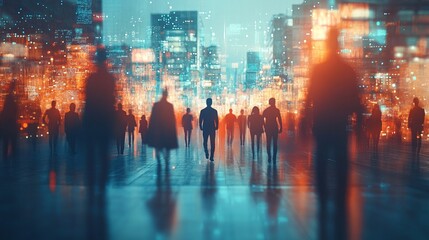 Silhouettes of urban dwellers traverse a neon-lit cityscape, their reflections shimmering on wet pavement. Blurred lights paint a dreamlike atmosphere of nocturnal energy.