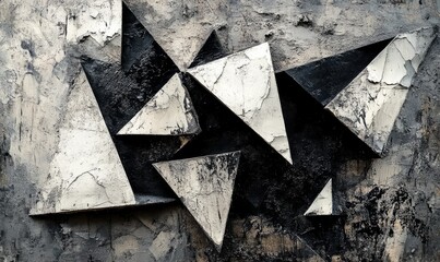 Abstract sharp angular composition featuring contrasting black and white shapes arranged artistically on a textured surface