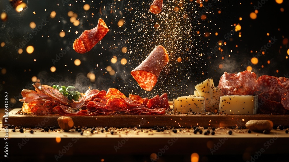 Poster elegant floating charcuterie boards with sparkle reflection on gradient background in stunning 16k d