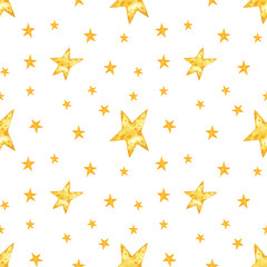Seamless pattern with yellow stars, watercolor illustration. Stars on a white background. Cosmic, astronomical pattern, magical ornament. Good for fabric, textile, pajama, linen, wallpaper, background