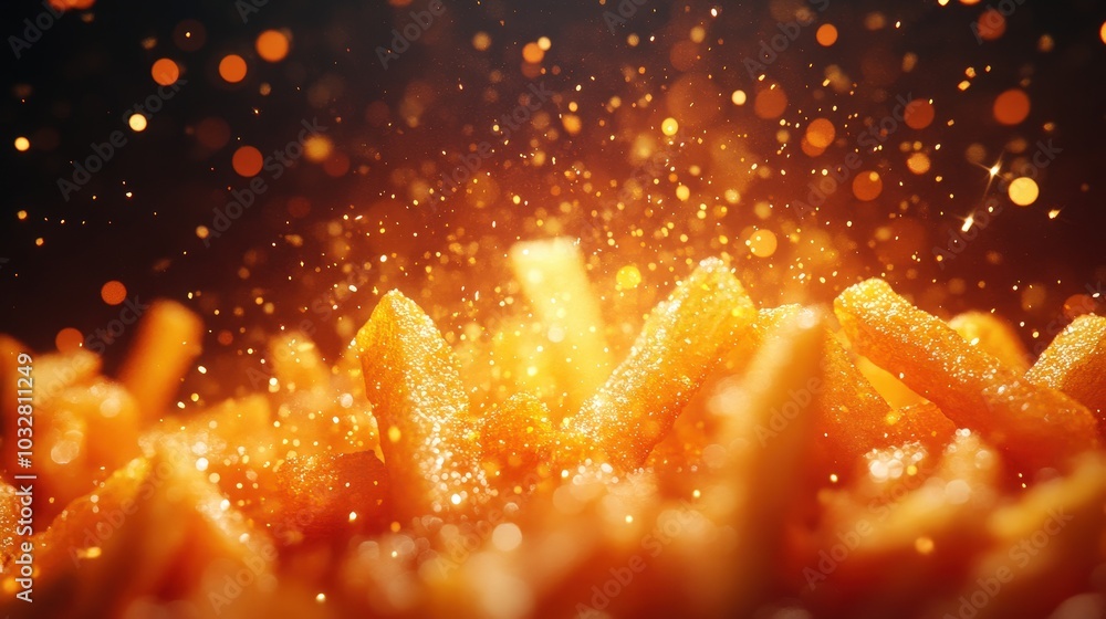 Poster crispy fries floating in air with sparkling reflex on gradient background