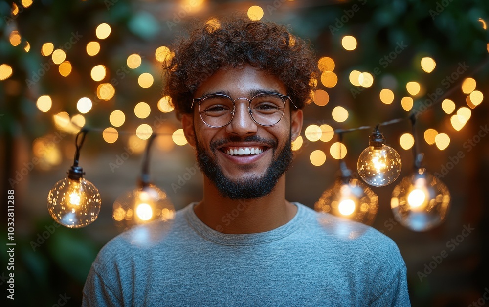 Poster a man with glasses and a beard is smiling in front of a string of lights. the lights are glowing and