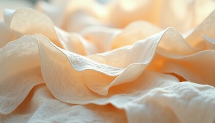 Delicate silk or chiffon fabric folds in soft peach hue depicting elegance and softness