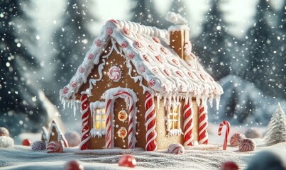 Detailed 3D gingerbread house with candy cane pillars, frosted roof, and gumdrop decorations, set against a backdrop of falling snow