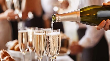A woman pours champagne into a glass. Waiters serve sparkling white wine. A bottle of champagne is shown up close. This image represents catering services.