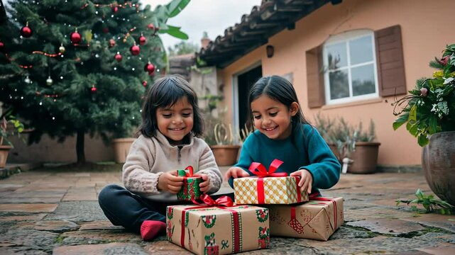 two young hispanic kids opening gifts outside a traditional latin american house during christmas celebration