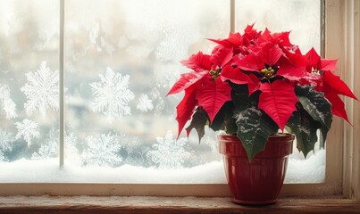 Festive poinsettia plant next to a frosted window with snowflakes