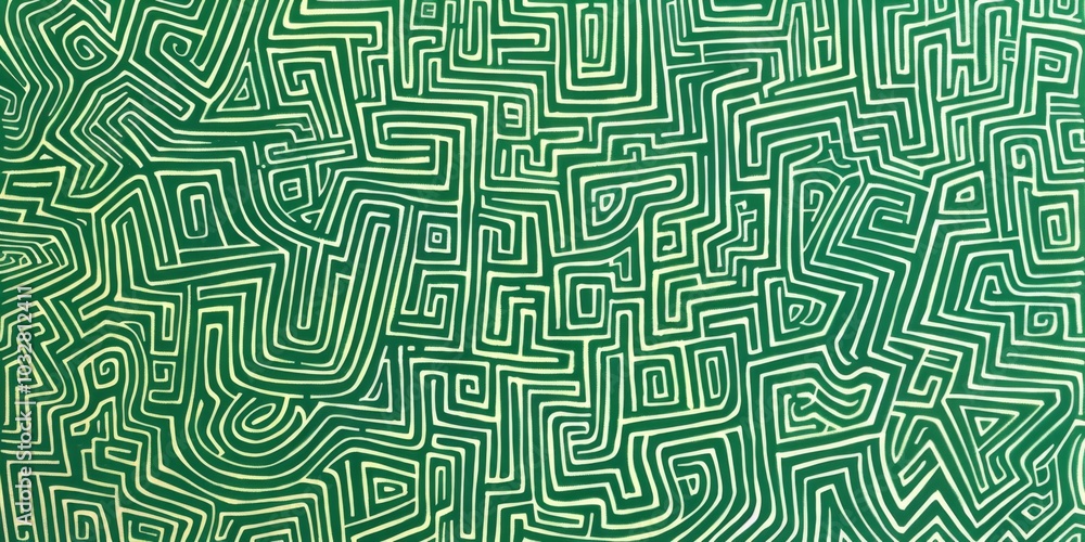 Poster intricate green and white pattern featuring simple line drawings of maze-like shapes filled with var