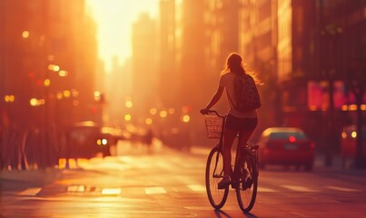 A young woman rides her bicycle through the city at sunrise, capturing the vibrant glow of the morning light and bustling urban scenery
