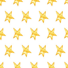 Seamless pattern with yellow stars, watercolor illustration. Stars on a white background. Cosmic, astronomical pattern, magical ornament. Good for fabric, textile, pajama, linen, wallpaper, background