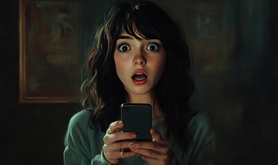 A young woman, with wavy dark hair, holds a cell phone and looks surprised.