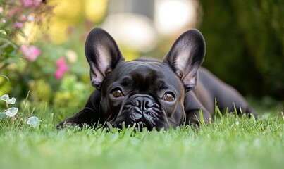 Fototapeta premium Black French Bulldog lying on the lawn in a garden