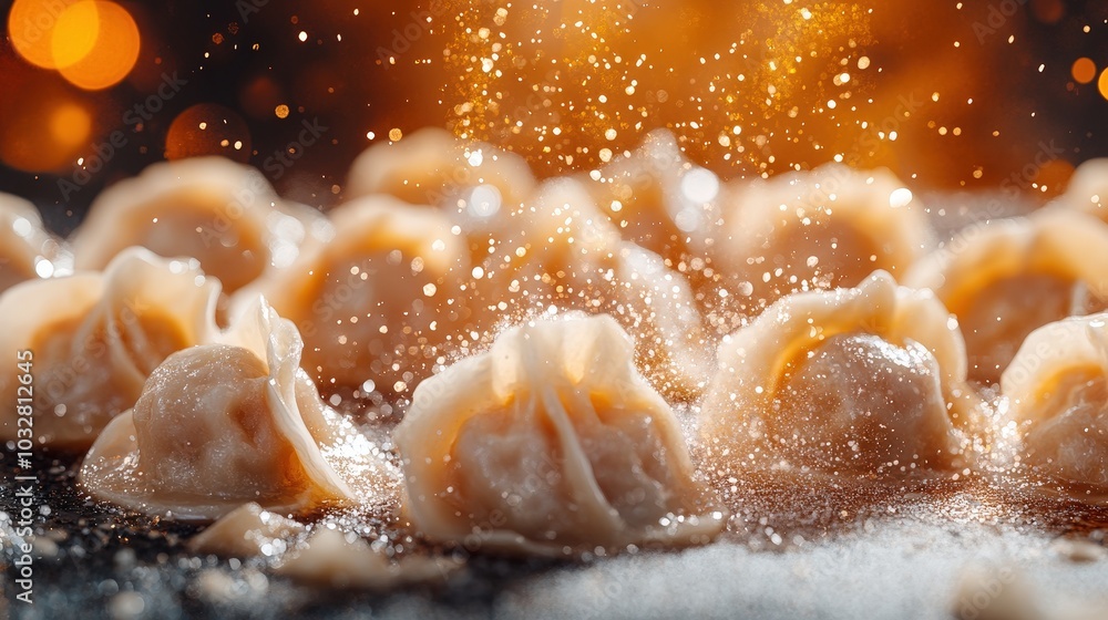 Poster ethereal dumplings floating in sparkling air on gradient background - 16k minimal hyperdetailed culi