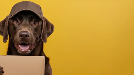 Fototapeta na wymiar A joyful dog proudly holds out a package while wearing a delivery cap, set against a vibrant yellow background that enhances the playful atmosphere