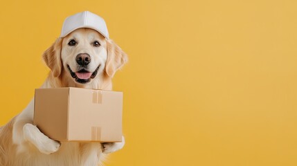 Fototapeta na wymiar A joyful dog proudly holds out a package while wearing a delivery cap, set against a vibrant yellow background that enhances the playful atmosphere