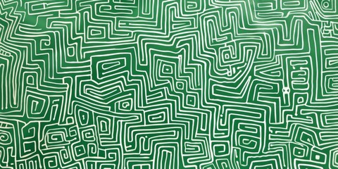 Intricate green and white pattern featuring simple line drawings of maze-like shapes filled with various patterns. The design showcases doodle art style against a plain green background.