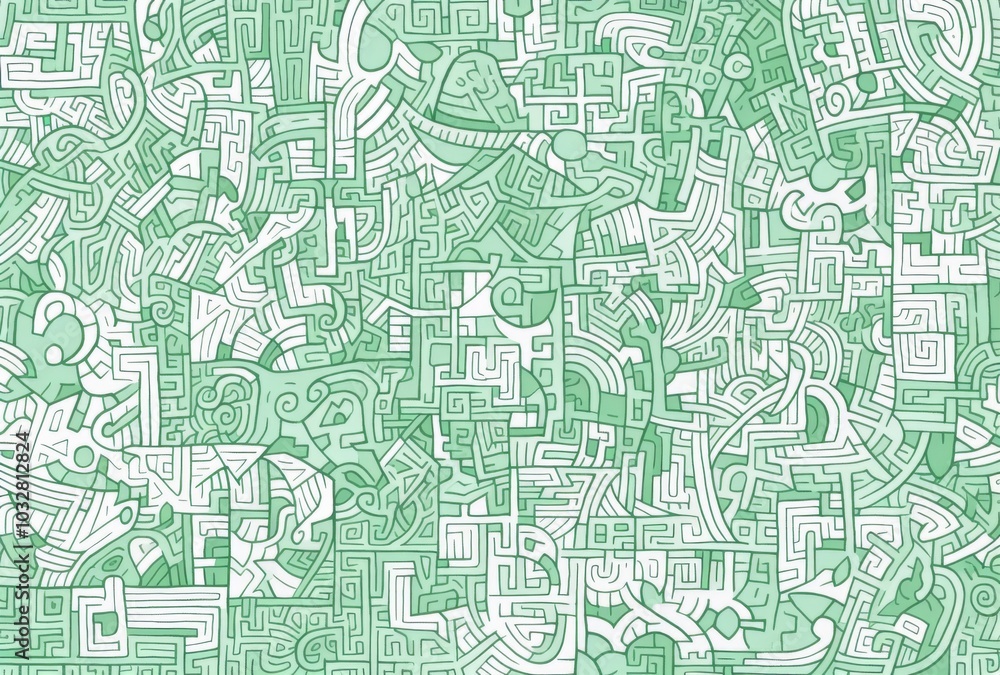 Poster intricate green and white pattern featuring simple line drawings of maze-like shapes filled with var