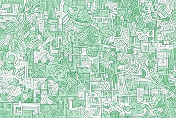 Intricate green and white pattern featuring simple line drawings of maze-like shapes filled with various patterns. The design showcases doodle art style against a plain green background.