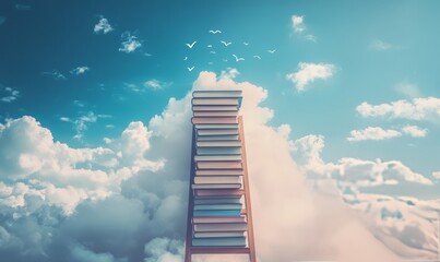 Book stack with ladder towards the sky and clouds background, Education and growth concept