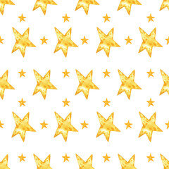 Seamless pattern with yellow stars, watercolor illustration. Stars on a white background. Cosmic, astronomical pattern, magical ornament. Good for fabric, textile, pajama, linen, wallpaper, background