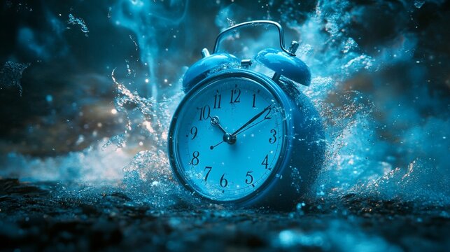 Surreal blue alarm clock submerged in swirling water, symbolizing the fluid nature of time and urgency amidst chaos. Conceptual image of time pressure.