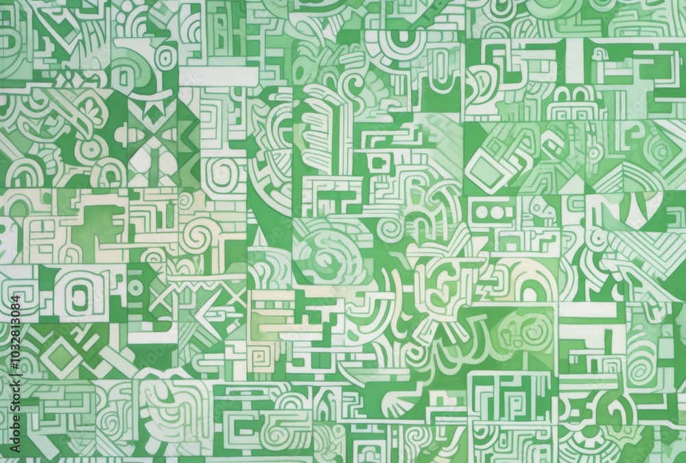 Aufkleber intricate green and white pattern featuring simple line drawings of maze-like shapes filled with var