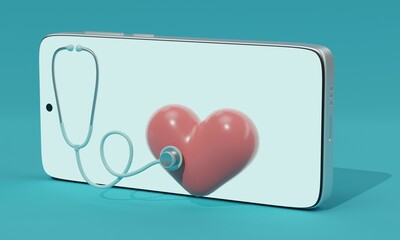 Mobile app for remote heart health monitoring and care. 3d rendering 