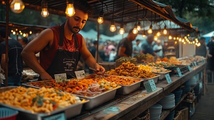 A street food vendor in a bustling market carefully serving delicious dishes under warm string lights, with an array of colorful and tempting food options laid out for customers.