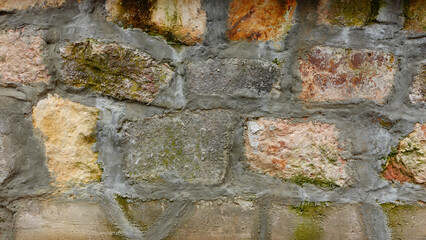 Textured Stone Wall With Moss and Varied Colors in Natural Light
