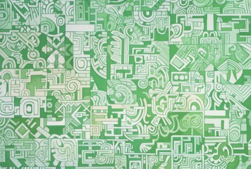 Obraz premium Intricate green and white pattern featuring simple line drawings of maze-like shapes filled with various patterns. The design showcases doodle art style against a plain green background.