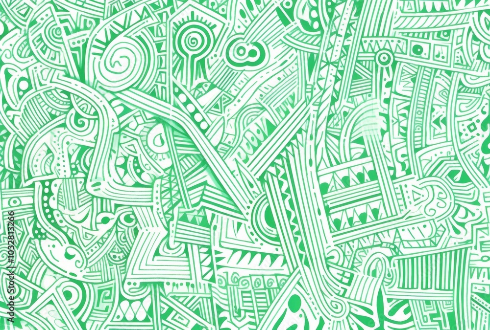 Poster intricate green and white pattern featuring simple line drawings of maze-like shapes filled with var