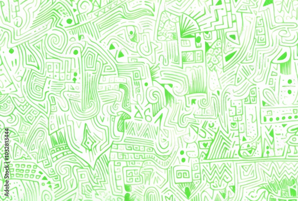 Poster intricate green and white pattern featuring simple line drawings of maze-like shapes filled with var