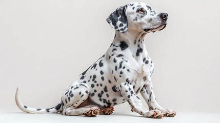 A Dalmatian dog sitting gracefully against a neutral background.
