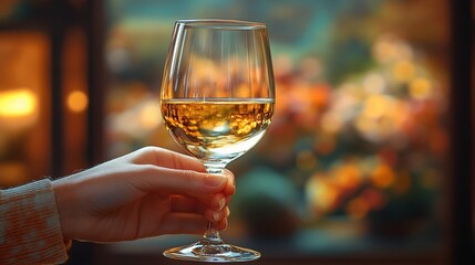 A hand holding a glass of white wine against a blurred, colorful background.