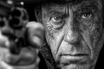 Bandit, dramatic, black-and-white close-up image of older man with weathered features aiming revolver directly at viewer. intense expression and deep wrinkles on his face 