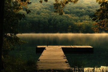 Obraz premium Wooden Dock Extending into Foggy Lake with Tree Canopy Overhead