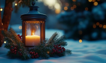 Festive 3D lantern with a glowing candle inside, surrounded by a wreath of pine branches and berries, casting soft shadows on the snow