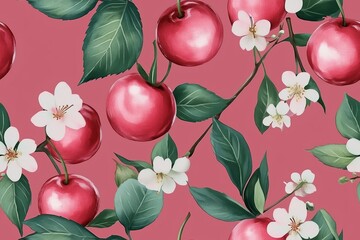 A vibrant pattern featuring ripe red cherries, green leaves, and delicate white blossoms on a bold pink background, creating a fresh and lively design