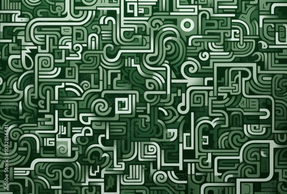 Poster intricate green and white pattern featuring simple line drawings of maze-like shapes filled with var