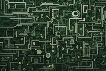 Intricate green and white pattern featuring simple line drawings of maze-like shapes filled with various patterns. The design showcases doodle art style against a plain green background.