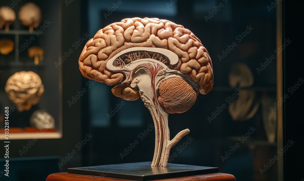 Poster anatomically correct human brain structure displayed against a dark background showcasing intricate 