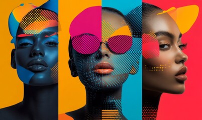 Typography poster design. Posters with four distinct fashion portraits, each overlaid with typography design elements and promotional text