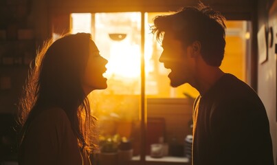 An upset couple facing each other in a moment of conflict during a sunset at an intimate indoor setting