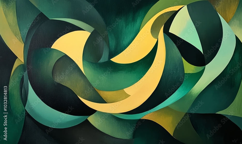 Poster abstract art featuring dark green and yellow shapes creating a dynamic composition in a contemporary