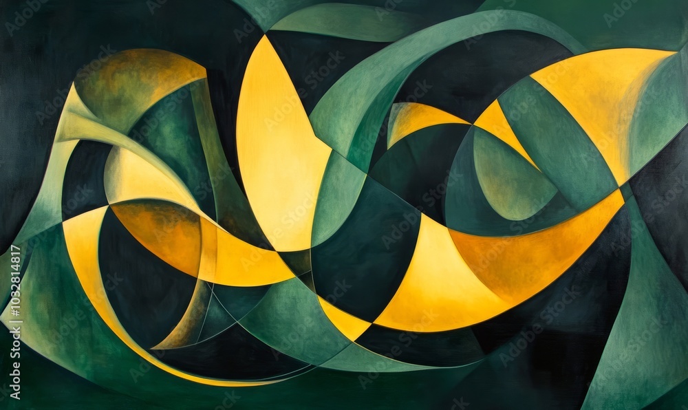 Poster abstract art featuring dark green and yellow shapes creating a dynamic composition in a contemporary