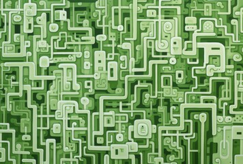 Intricate green and white pattern featuring simple line drawings of maze-like shapes filled with various patterns. The design showcases doodle art style against a plain green background.